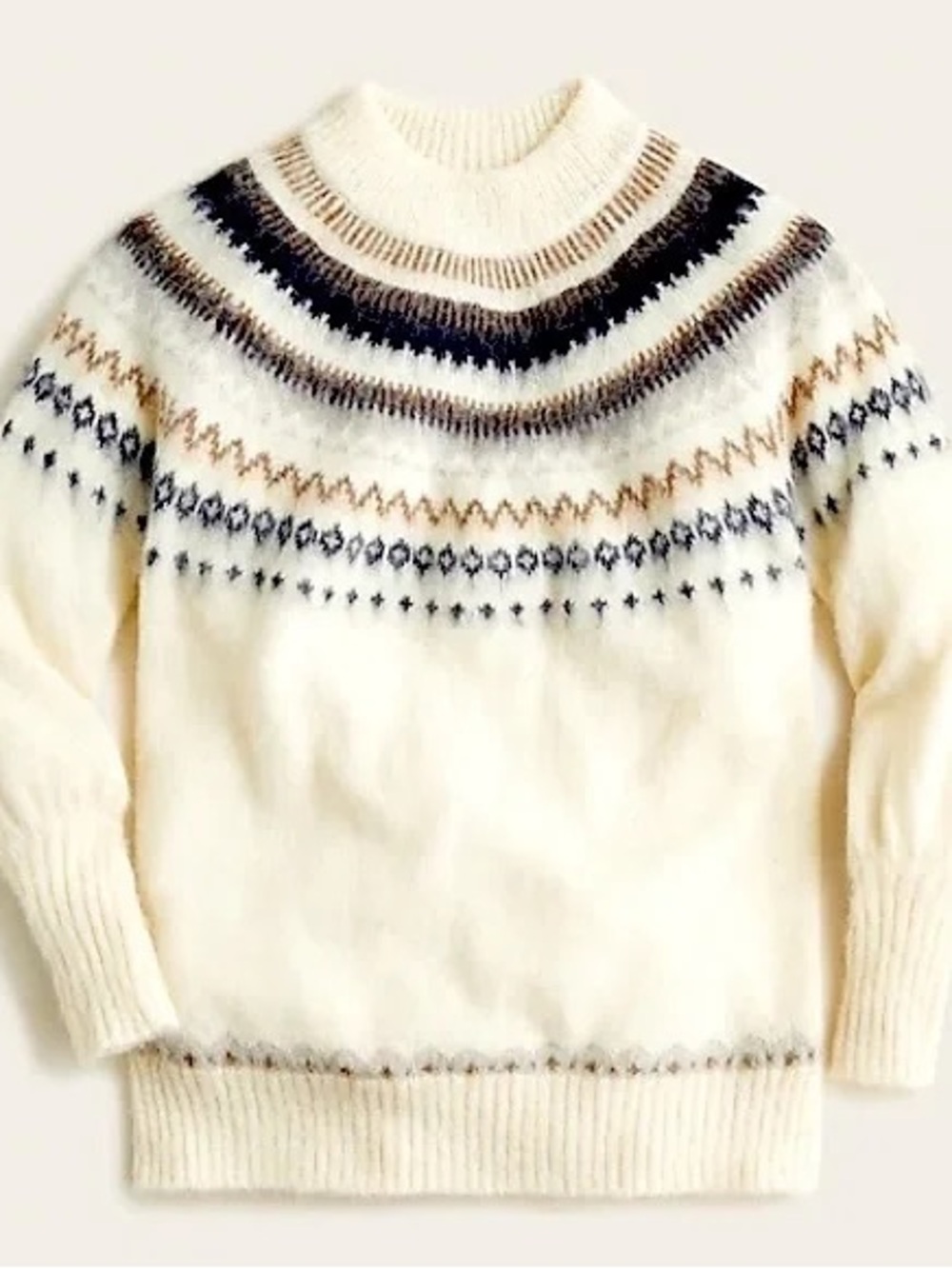 J. Crew Alpaca & Wool Cream Fair Isle Puff Sleeve Mock Neck Oversized Sweater XL